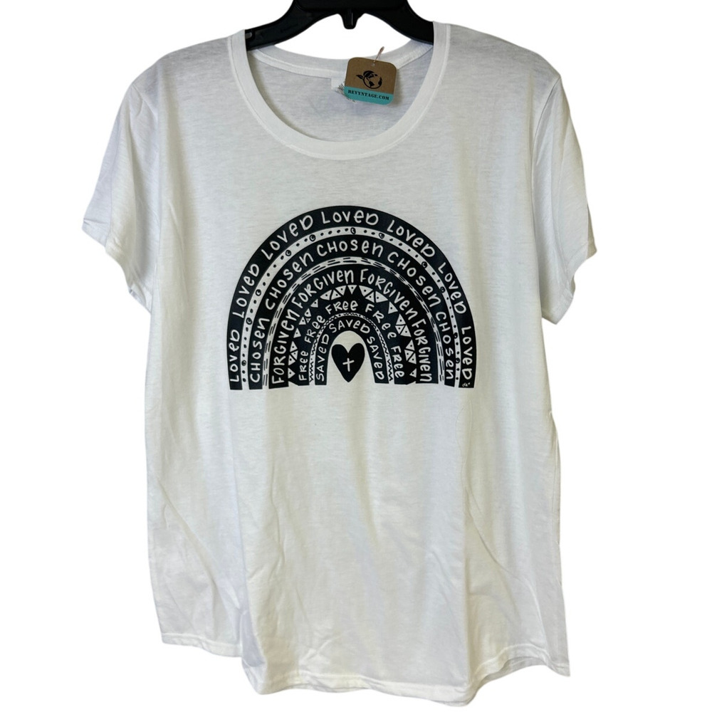 New Hand Printed Womens 2XL Jesus Loved Chosen Forgiven Free Rainbow Tee Shirt